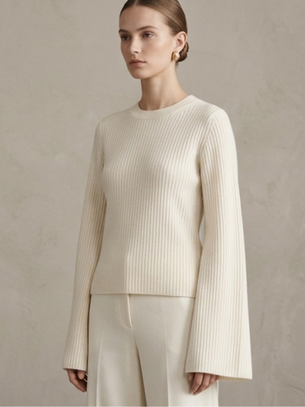 White + Warren Cashmere Ribbed Bell Sleeves Crew Sweater Size Medium